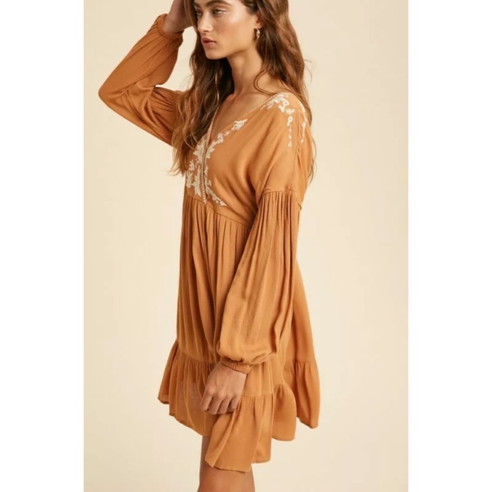 Earthen Embroidered Floral Ruffle Wrap Mini Dress - Picture 3 of 7
